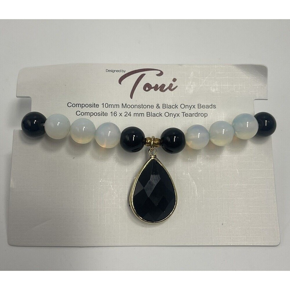 Toni Composite 10mm Moonstone & Black Onyx Beaded Bracket W/Teardrop Pendant New